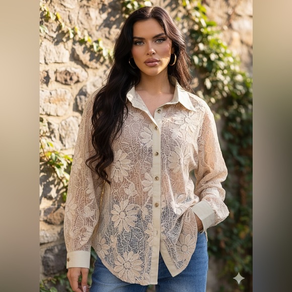 Tops - Elegant Cream Lace Button-Up Blouse